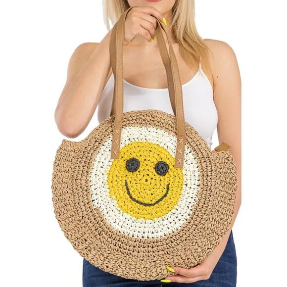Unbranded Handbags - Smiley Happy Face Round Straw Beach Tote Bag NWT